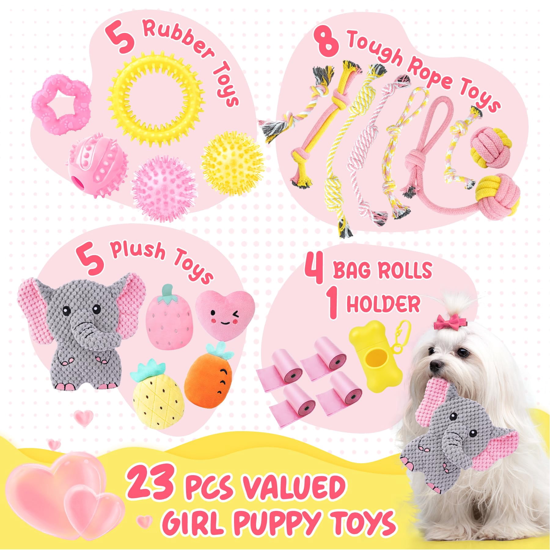 Pink Puppy Toys For Boredom - 23 Pack  Enrichment Dog Small Dogs With Squeaky Ball And Ropes