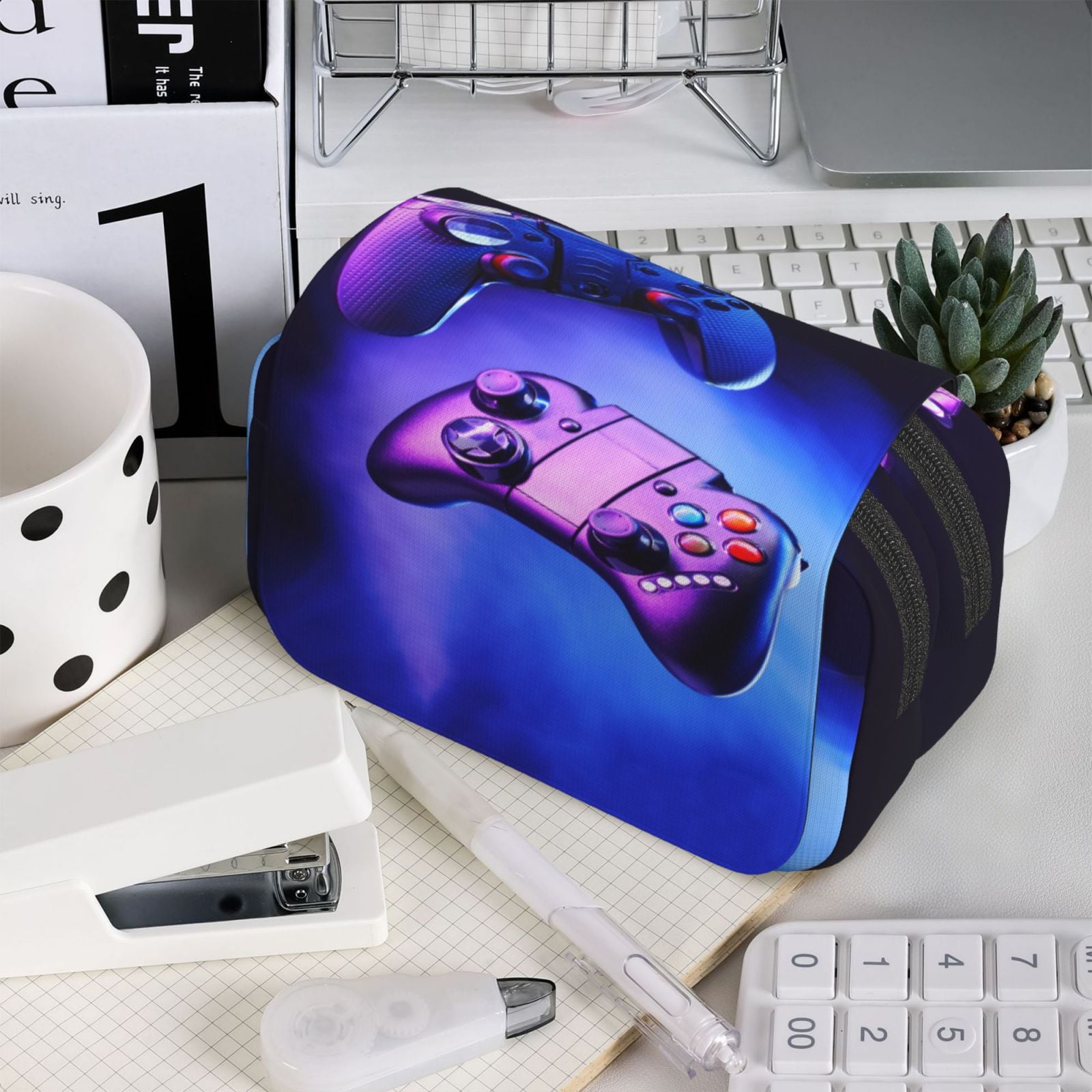 Rateoe Play Gaming Pattern Double Clamshell Pen Case, Storage Organizer with Two Zipper Compartments– Holds Up to 50 Pencils & Pens