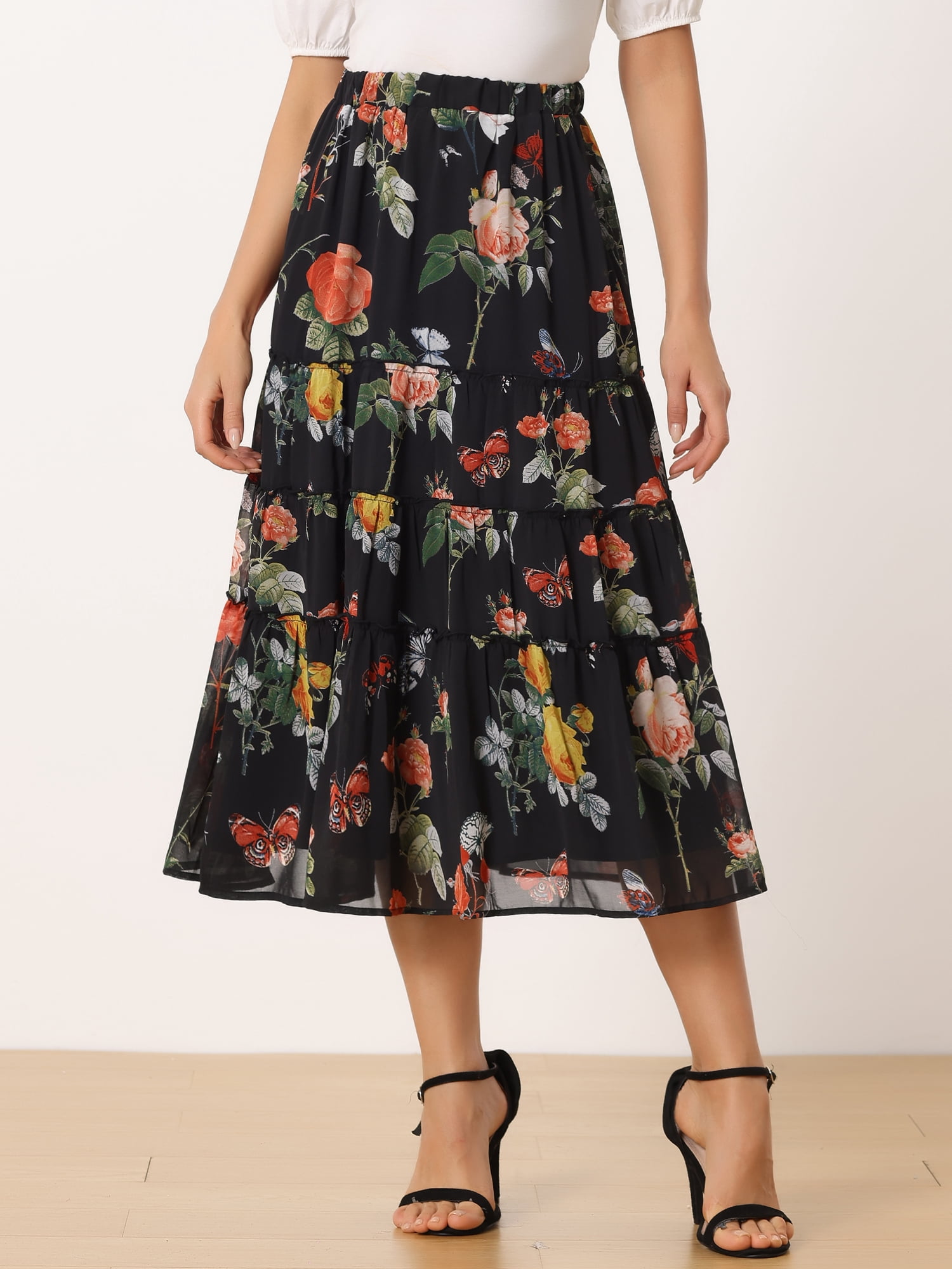 DARING DIVA Women's Chiffon Tiered A-Line Maxi Skirt L Black Pink
