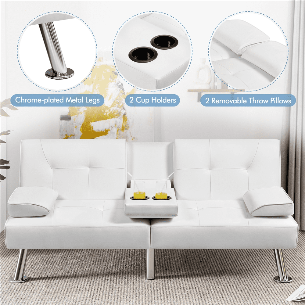 Yaheetech Modern Faux Leather Convertible Futon Sofa Bed with Cup Holders, White