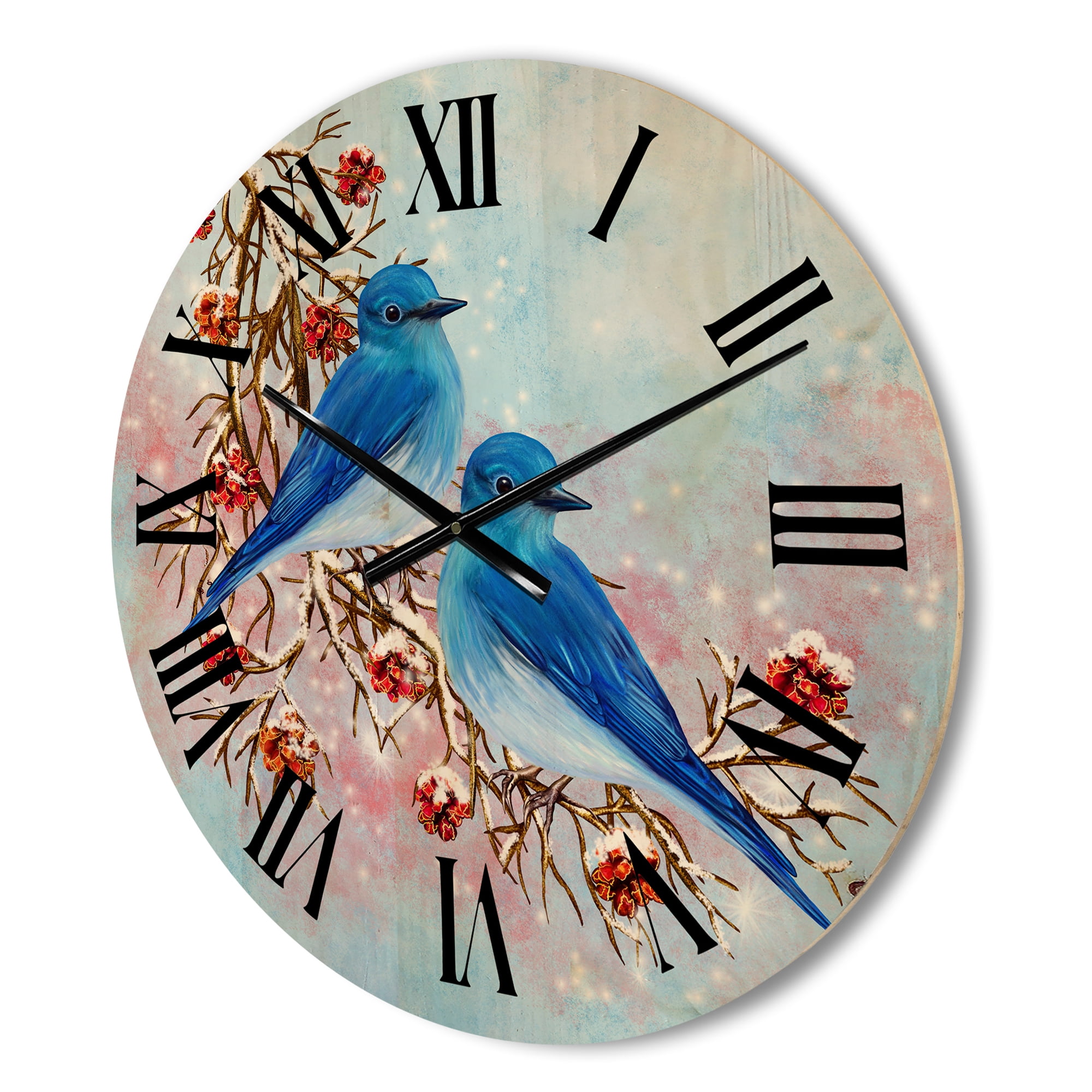 Designart 'Two Blue Birds Sitting On A Branch With Berries In Winter' Traditional Wood Wall Clock