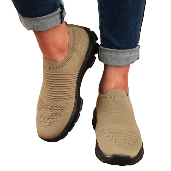 Womens Sneakers Stretch Knitted Slip on Sock Shoes Nonslip Soft Sole Comfortable Arch Support Casual Walking Shoes Loafers Coffee Size 8.5