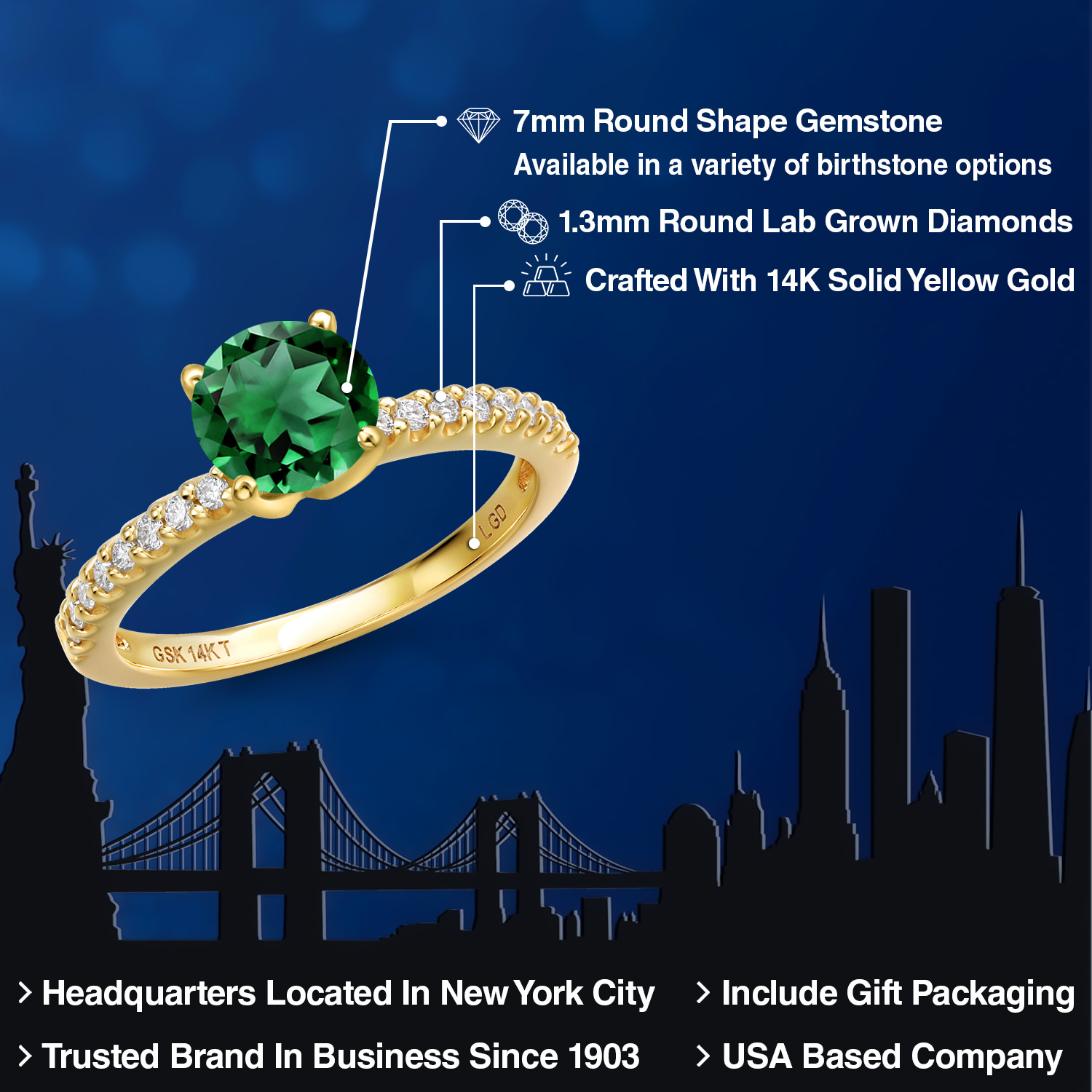 Gem Stone King 14K Yellow Gold Green Nano Emerald and Lab Grown Diamond Engagement Ring for Women | 1.38 Cttw | Round 7MM | Gemstone Birthstone | Wedding Engagement Anniversary Ring| Size 8