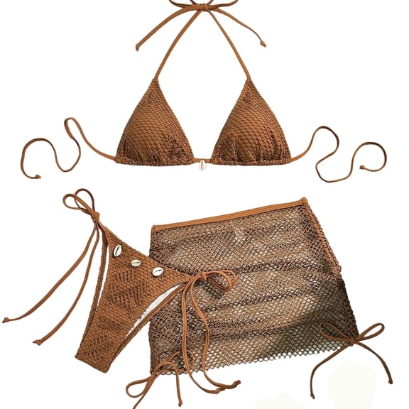 Women's 3 Piece Bathing Suit Triangle Bikini Swimsuit Halter with Cover Up Skirt