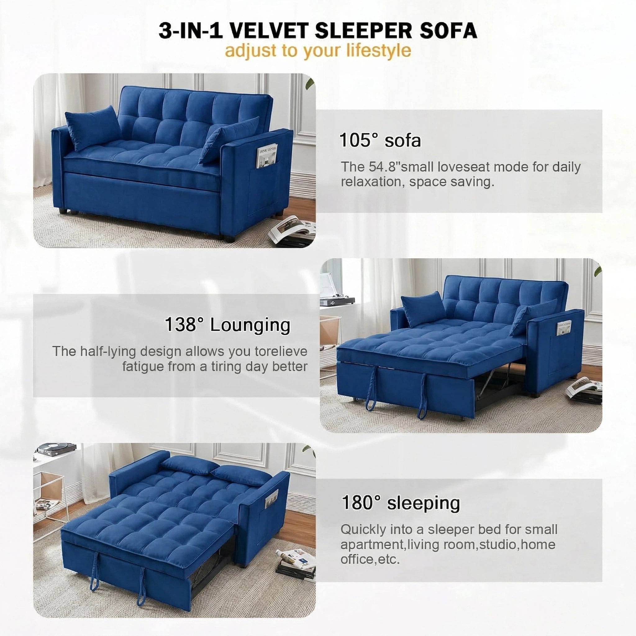 Avobird 3-in-1 Velvet Convertible Sleeper Sofa, Pull Out Couch Bed with Adjustable Backrest & Storage, Blue