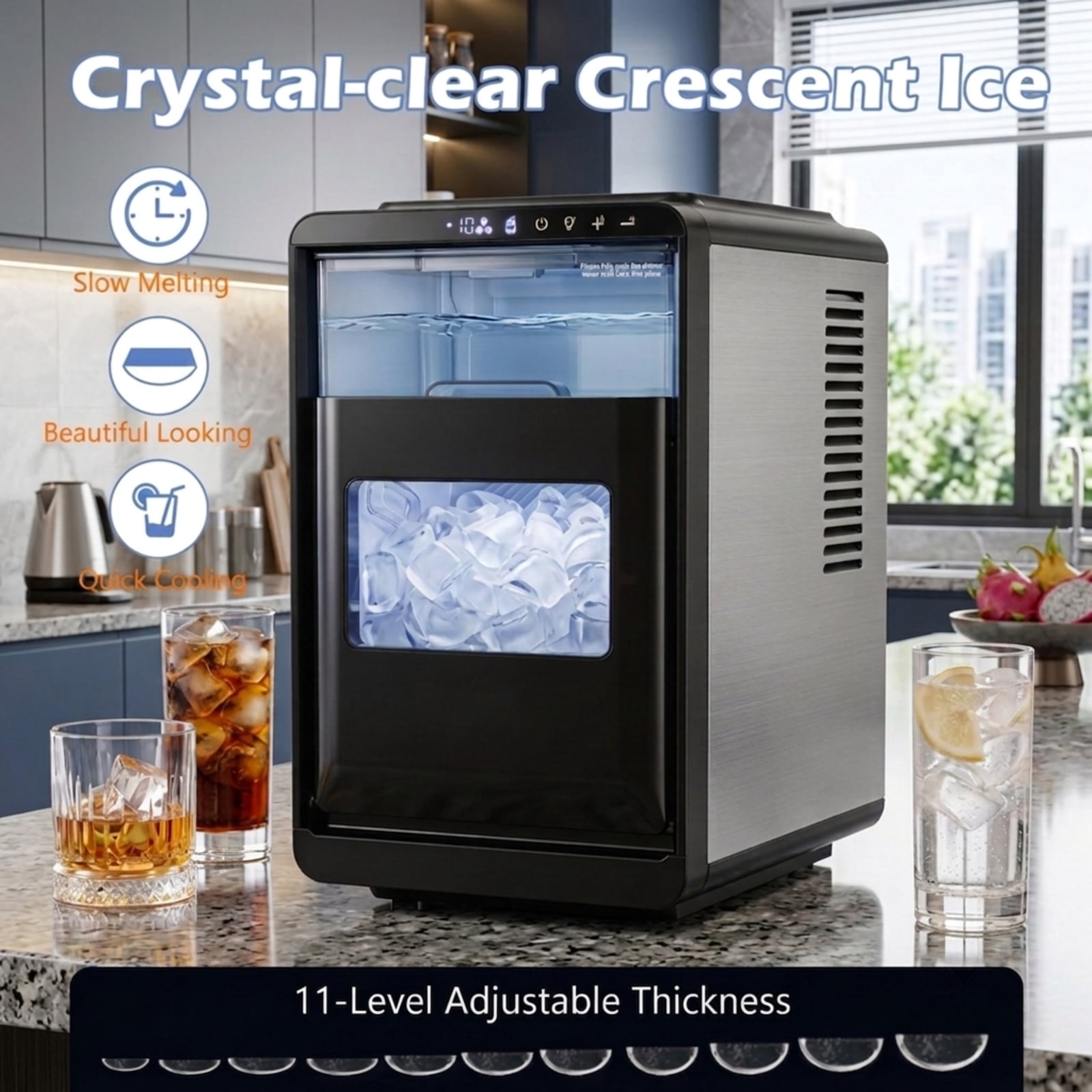 RUIE Crescent Ice Maker Countertop 26 lbs/24H, Portable Ice Machine with 11 Thickness Levels Self-Cleaning and Timer for Home Bar Kitchen, Grey