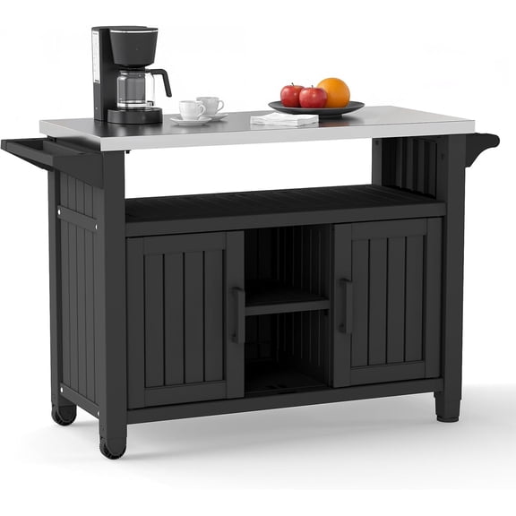 Easy Up Kitchen Island On Wheels, Spacious Resin Kitchen Cart with Storage Cabinet, Black Grill Table with Storage for Living Room, Courtyard, Outdoors