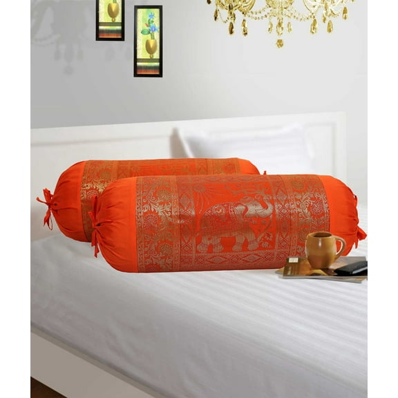 Stylo Culture Indian Polydupion Cylindrical Hotdog Pillow Bolster Pillow Covers Orange Jacquard Brocade Border Elephant Large Settee Cylinder Cushion Covers (Set of 2) | 30x15 Inches (76x38 cm)