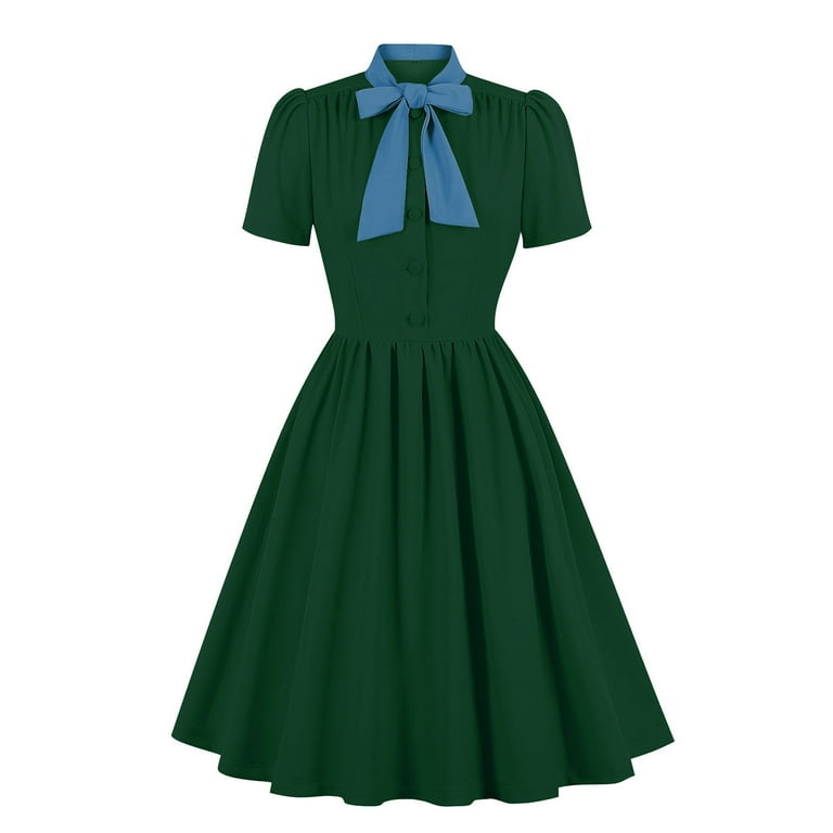 RYDCOT Vintage Dress for Women 1950s Tea Party Short Sleeve Bow Tie Neck  Dress Button Up Business Work A-Line Cocktail Dresses Swing Dress Sale -  Walmart.com
