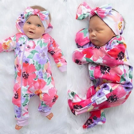 

Pretty Toddler Baby Girl Flower Zipper Romper Long Sleeves Floral Cotton Jumpsuit Autumn Outfits Clothes 0-24M
