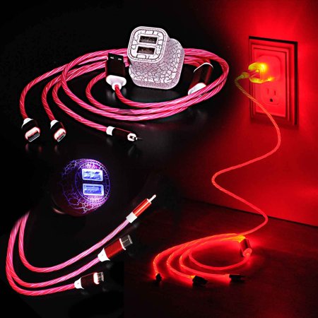 LyteCordz Hydra - LED Light Up Glowing Bright Illuminated 3 in 1 Multiheaded Charging Charger Cable Cord - WITH Matching Light Up Wall and Car Plug  (Pink)