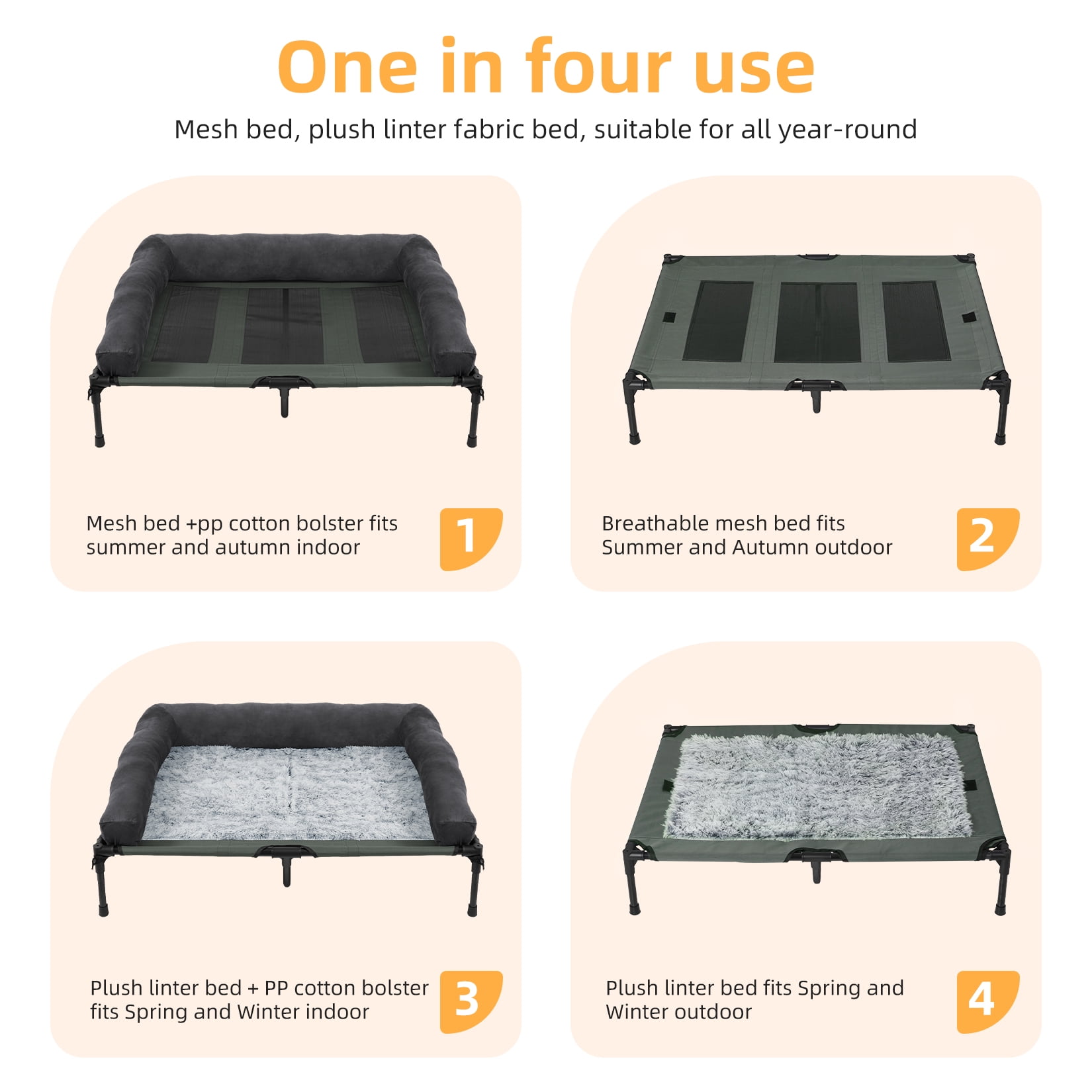 Bingopaw 4 in 1 Elevated Pet Dog Bed with Bolster, Gray, Large, 35"L