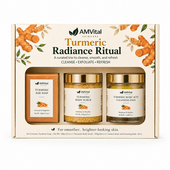 AMVital Turmeric Soap, Scrub, Pads - Turmeric Radiance Ritual Skincare Set, 3-Piece Gift Box