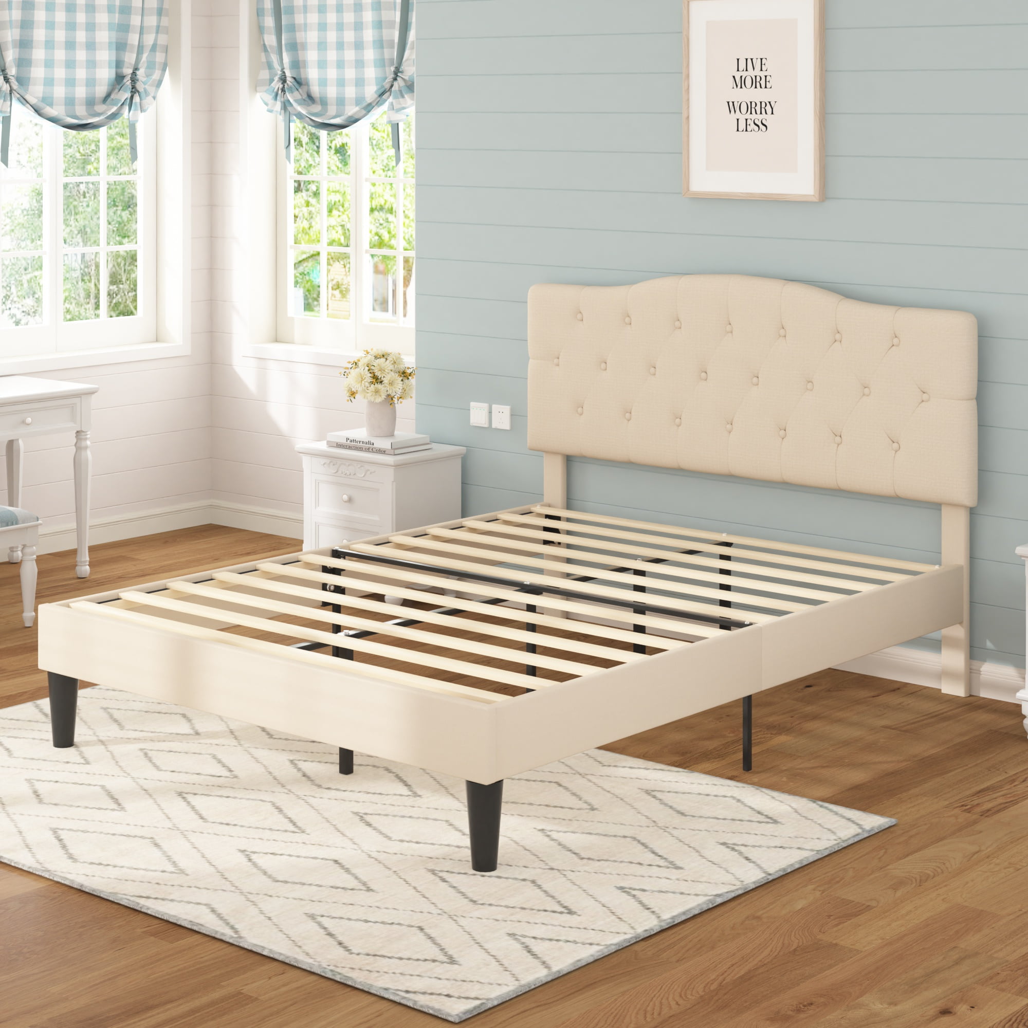 VECELO Queen Upholstered Platform Bed Frame with Diamond Tufted Adjustable Headboard, Wooden Slats Support, No Box Spring Needed, Beige