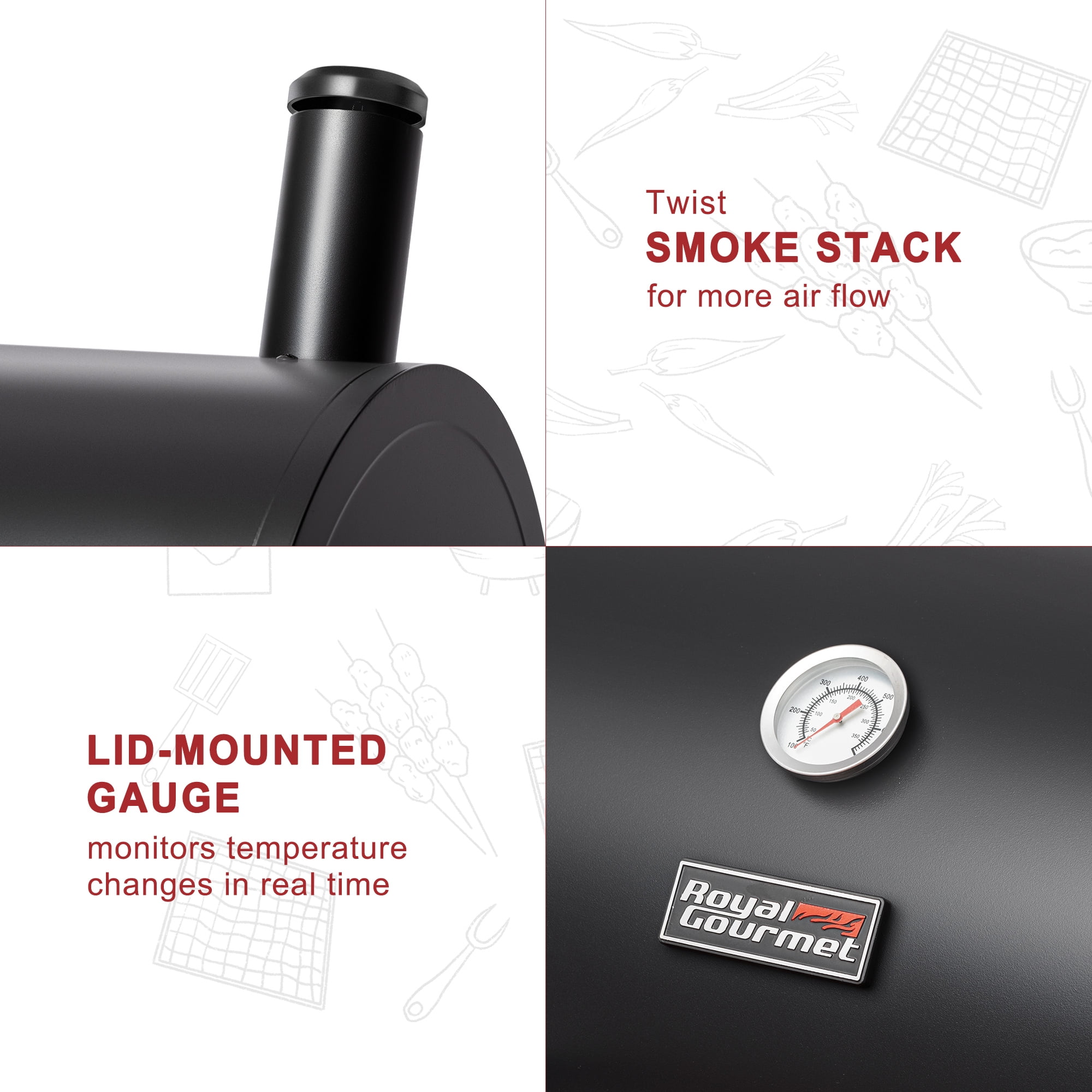 Royal Gourmet 30" Charcoal Barrel Grill with Offset Smoker, Adjustable Grates and Thermometer