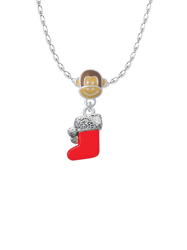 Delight Jewelry Silvertone 3-D Red Christmas Stocking Mia Monkey Charm Necklace