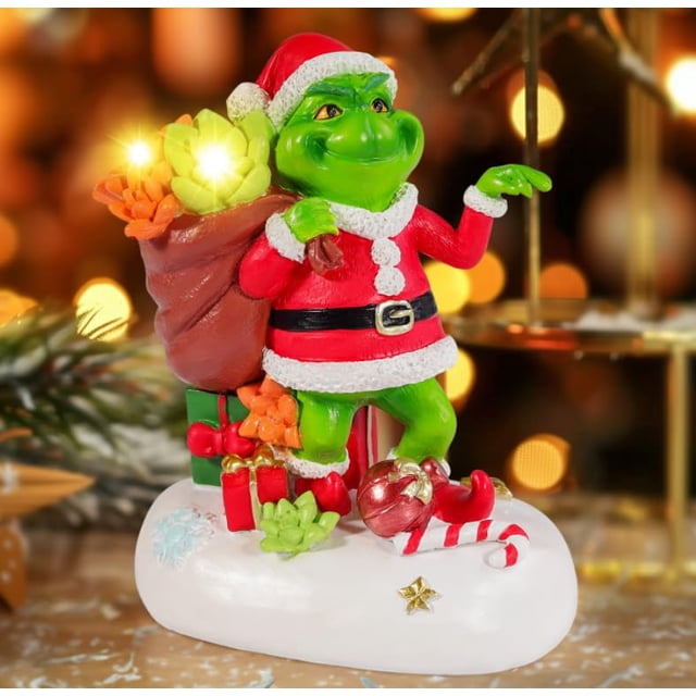 Eowvsio Decoraciones de mesa navideñas Luces de monstruo verdes Estatua Estatuilla Centro de mesa iluminado navideño Decoraciones de mesa Mesa navideña para fiestas navideñas Suministros para fiestas