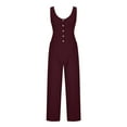 thumbnail image 6 of ZQGJB Womens Cotton Linen Overalls Casual Solid Color Baggy Jumper Loose Fit Adjustable Straps Button Up Jumpsuits with Pockets Wine M, 6 of 8