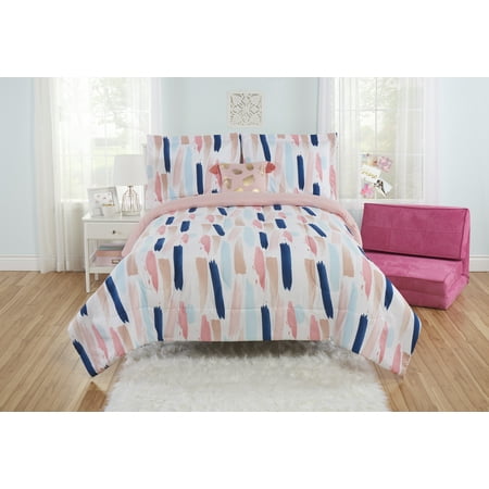 Mainstays Painterly Strokes 4 Piece Comforter Set with Tasseled Pillow, Pink, Full Queen