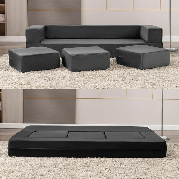 Puremind Convertible Folding Sofa Bed, Dutch Velvet Upholstered Floor Sofa Couch with 3 Ottomans, Fold Out Couch Bed, Foldable Sleeper Sofa for Guest Room/Bedroom/Living Room, Queen,Dark gray