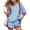 thumbnail image 2 of Women Color Block Off Shoulder Short Sleeve Top and Drawstring Shorts 2 Piece Outfit Set M, 2 of 9