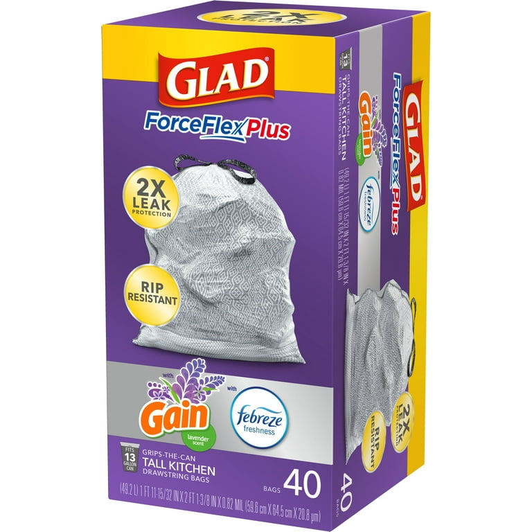 Glad ForceFlex Tall Kitchen Trash Bags, 13 Gallon, Gain Lavender with Febreze, 40 Count