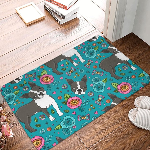 Front Door Mat Cute Dog Flower Bedroom Entryway Rug Non-Slip Washable Indoor Carpet Doormat Decorative Low Profile Area Rug for Home Living Room Bedroom Laundry Floor Decor, 24 x 16 Inch
