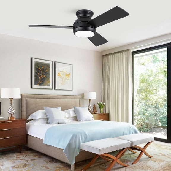 42 Inch Low  Ceiling Fan with Light and Remote - Flush Mount Indoor Fan 3 Blades 6 Speeds Reversible  Motor 3CCT Dimmable for Bedroom Living Room, Black