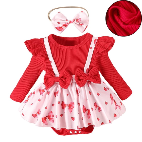 Girls Valentines Day Outfit Long Sleeve Heart Print Romper Tutu Dress with Bow Headband Set Cute Baby Girl Clothes Girl Clothes 0-6 Months