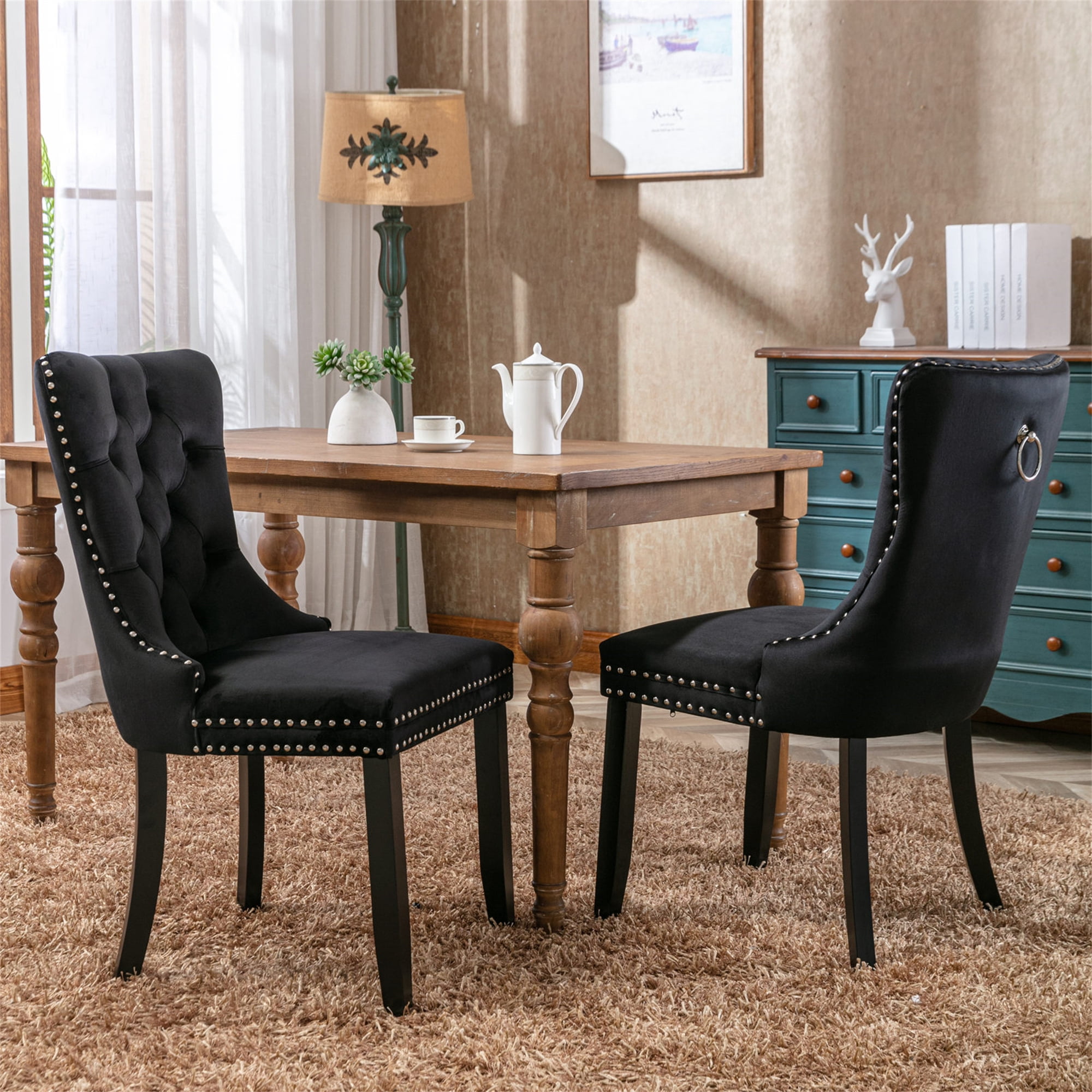 Miniyam Dining Chair Set of 2, High-end Tufted Velvet Upholstered, Black