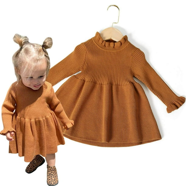 Simplee kids Little girls Long Sleeve girl Dresses and Rompers Ribbed Knit Sweater Dress Brown for 2T Walmart