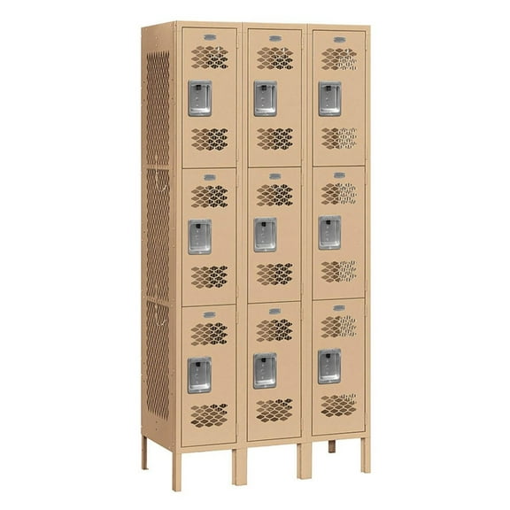 12" Wide Triple Tier Vented Metal Locker - 3 Wide - 6 Feet High - 12 Inches Deep - Tan - Assembled