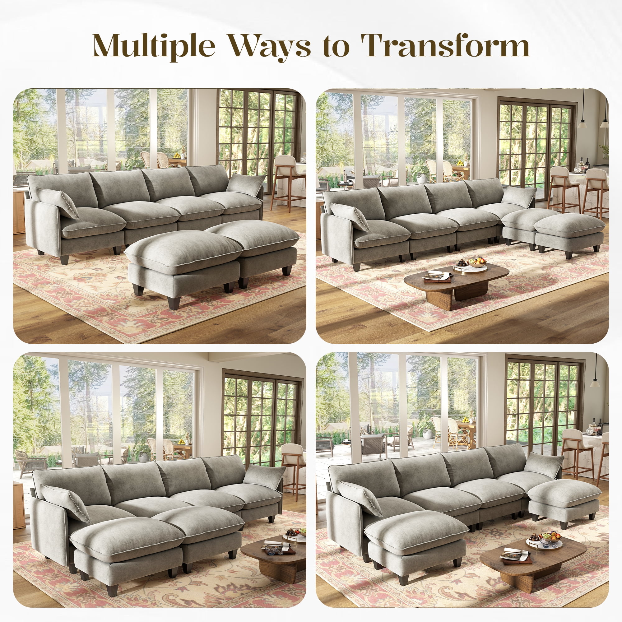 BedLuxury 138" Modular Sectional Sofa with Movable Ottoman,U shaped Deep Seat Cloud Couch for the Living Room, 4-Seat,Grey