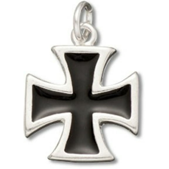 Sterling Silver 16" .8mm Box Chain 3D Black Enameled Maltese Amalfi Cross Pendant Necklace