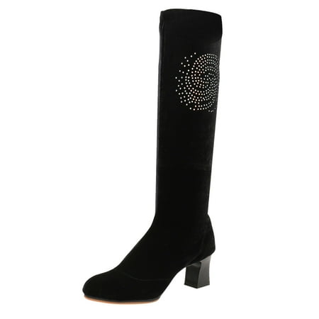 

ZIZOCWA Athletic Shoes Women Womens Boots 8 Wide Calf Thick Knee Velvet Fashion Plush Inside Rhinestones Plus Heel The Boots Over Stitching Flock Women S Boots Soft Sole Tall Boots Velvet （5.5Cm） Arc