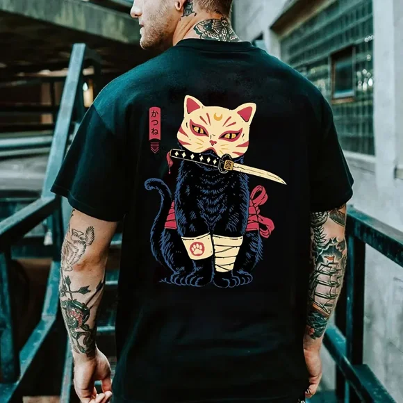 Summer Cotton Cartoon Anime Day Clothing Samurai Cat Print T-shirt Men's Hip Hop Retro Casual O Collar Loose T-shirt Men Tee Top 3 L