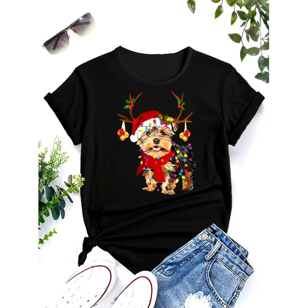 Comfortable Polyester Christmas Yorkie Dog T-Shirt for Women - Casual Round Neck Short Sleeve Knit Fabric Top with Festive Antlers and Lights Design - All-Season Wear