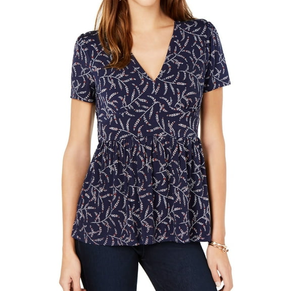 Michael Kors Womens Flowing Branches Peplum Blouse, Blue, X-Small