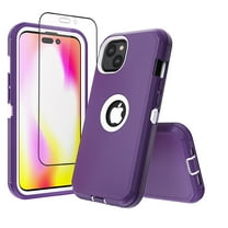 NIFFPD iPhone 14 Plus Case with Screen Protector, Heavy Duty Hard Shockproof Protective Phone Case for iPhone 14 Plus 6.7" Purple White