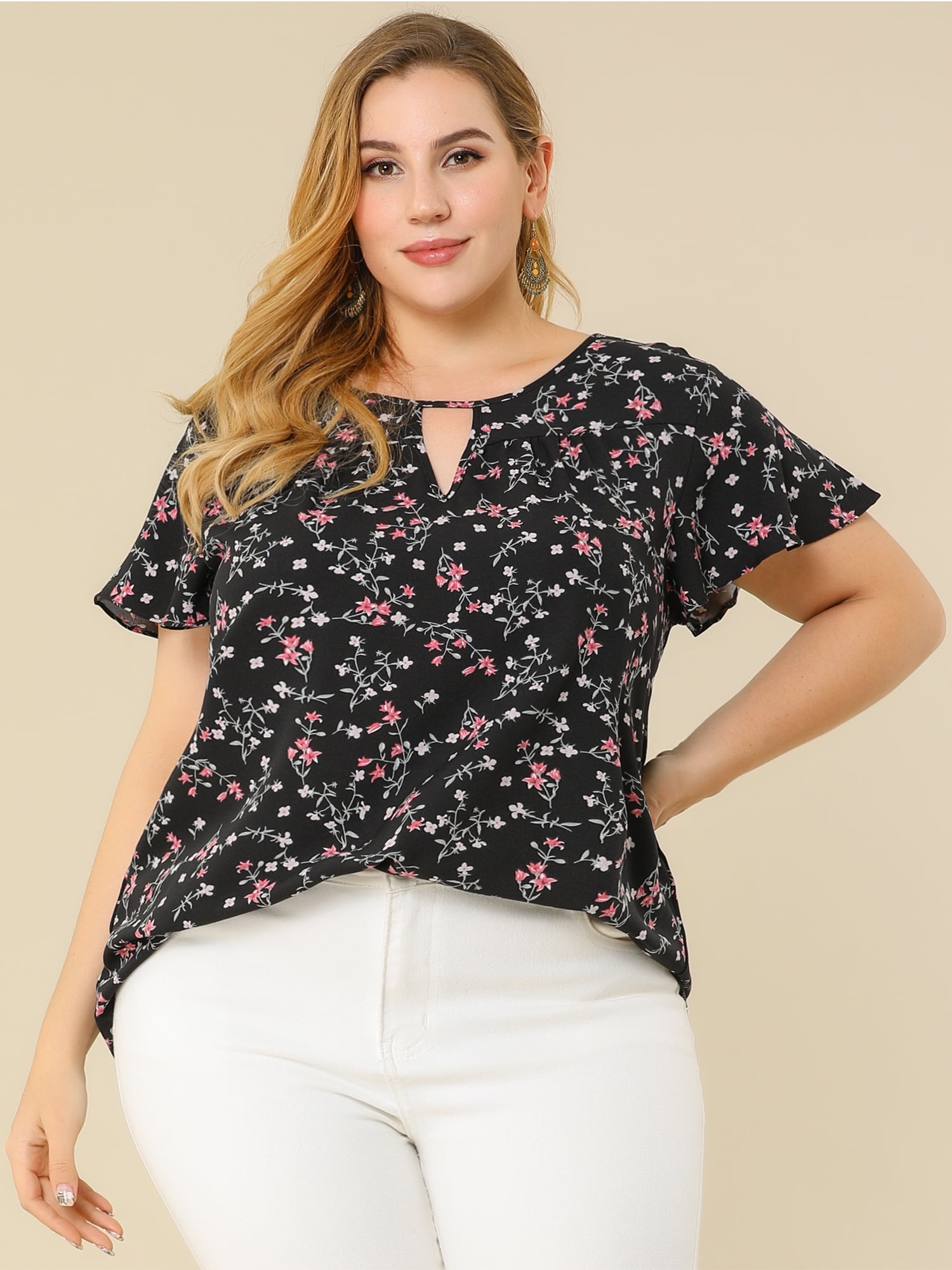 DARING DIVA Women's Plus Ruffle Short Sleeve Keyhole Chiffon Blouse 5X Black