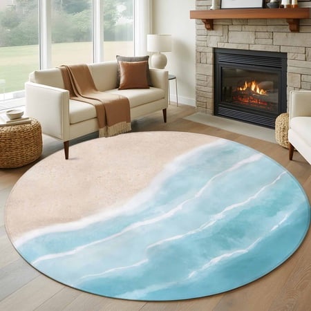 Summer Blue Beach Wave Round Living Room Rugs 8 ft Coastal Nautical Watercolor Gradient Ocean Washable Large Area Rug with Non-Slip Sturdy Edge Binding Round Carpet for Dining Room Kitchen Office