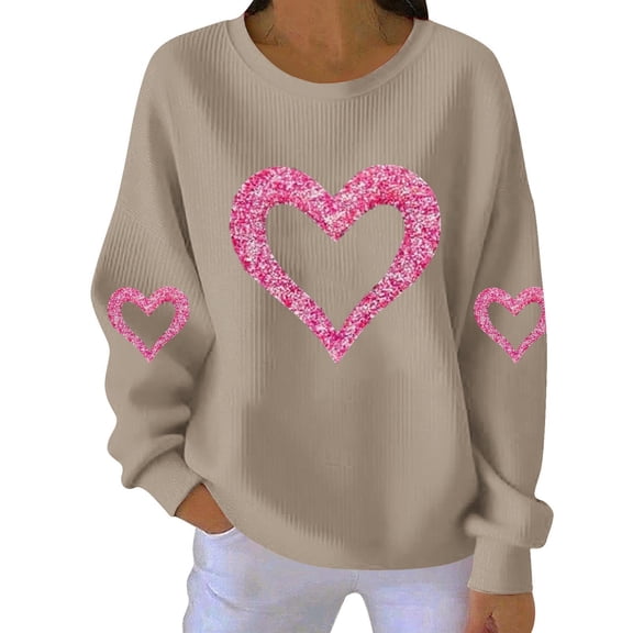 Women's Valentines Ribbed Sweatshirt Long Sleeve Glitter Heart Print Crewneck Pullover Top for Romantic Outings Khaki M