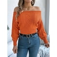 thumbnail image 6 of Womens Off the Shoulder Solid Cable Knitted Pullover Jumper Top Casual Long Sleeve Cropped Sweaters Orange Color S, 6 of 8