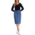 thumbnail image 2 of Falda de mezclilla de botón casual para mujer Inspire Chic, de cintura alta, con dobladillo deshilachado, falda midi de mezclilla, talla M, azul medio, 2 of 5