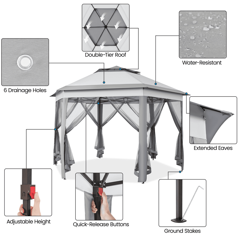 Renwick 13×13 Ft Hexagonal Outdoor Gazebo with Side Walls, Light Gray/Dark Gray