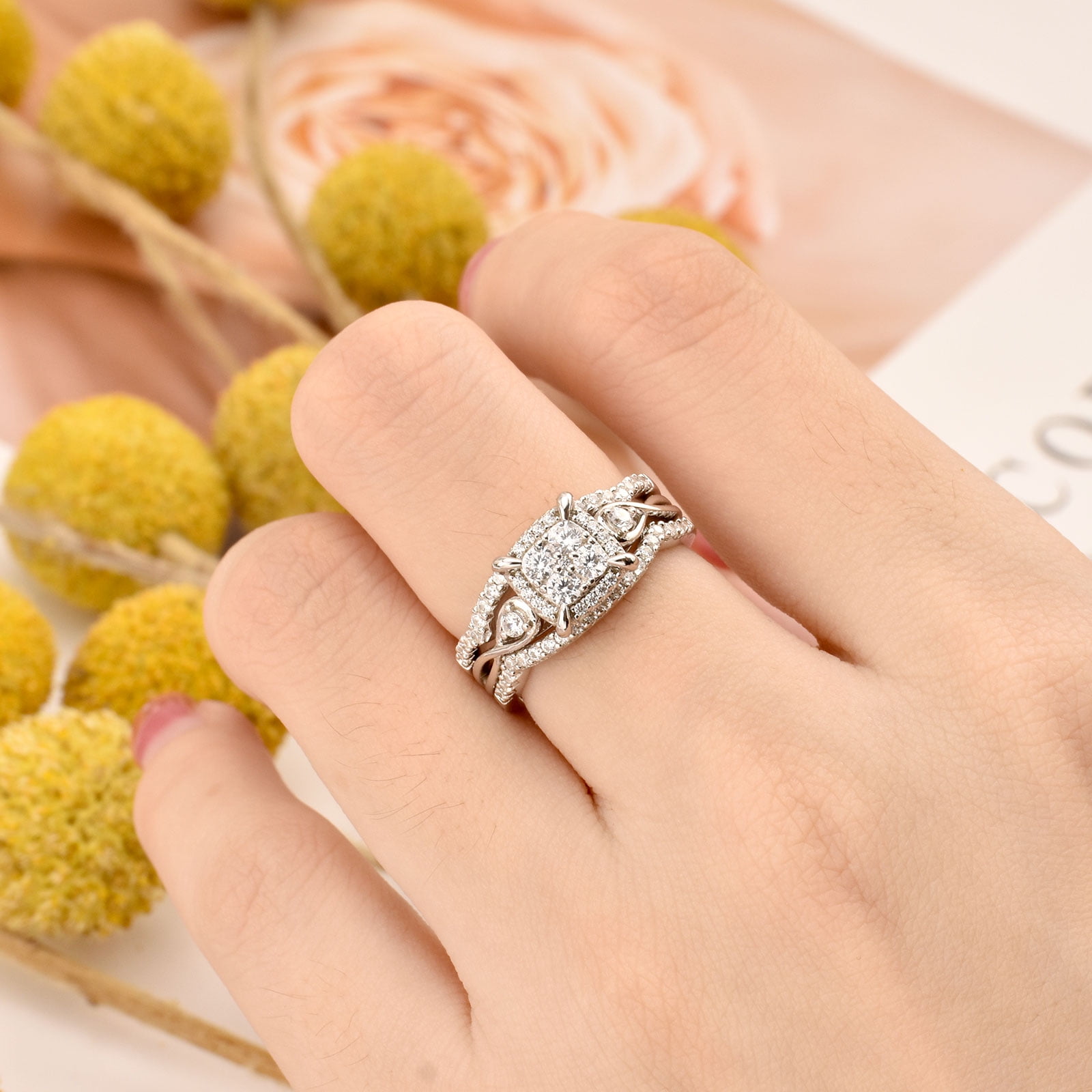 SHELOVES 3Pcs Round White Cubic Zirconia Princess Halo Wedding Ring Set Solid Sterling Silver Vintage Style Size 8