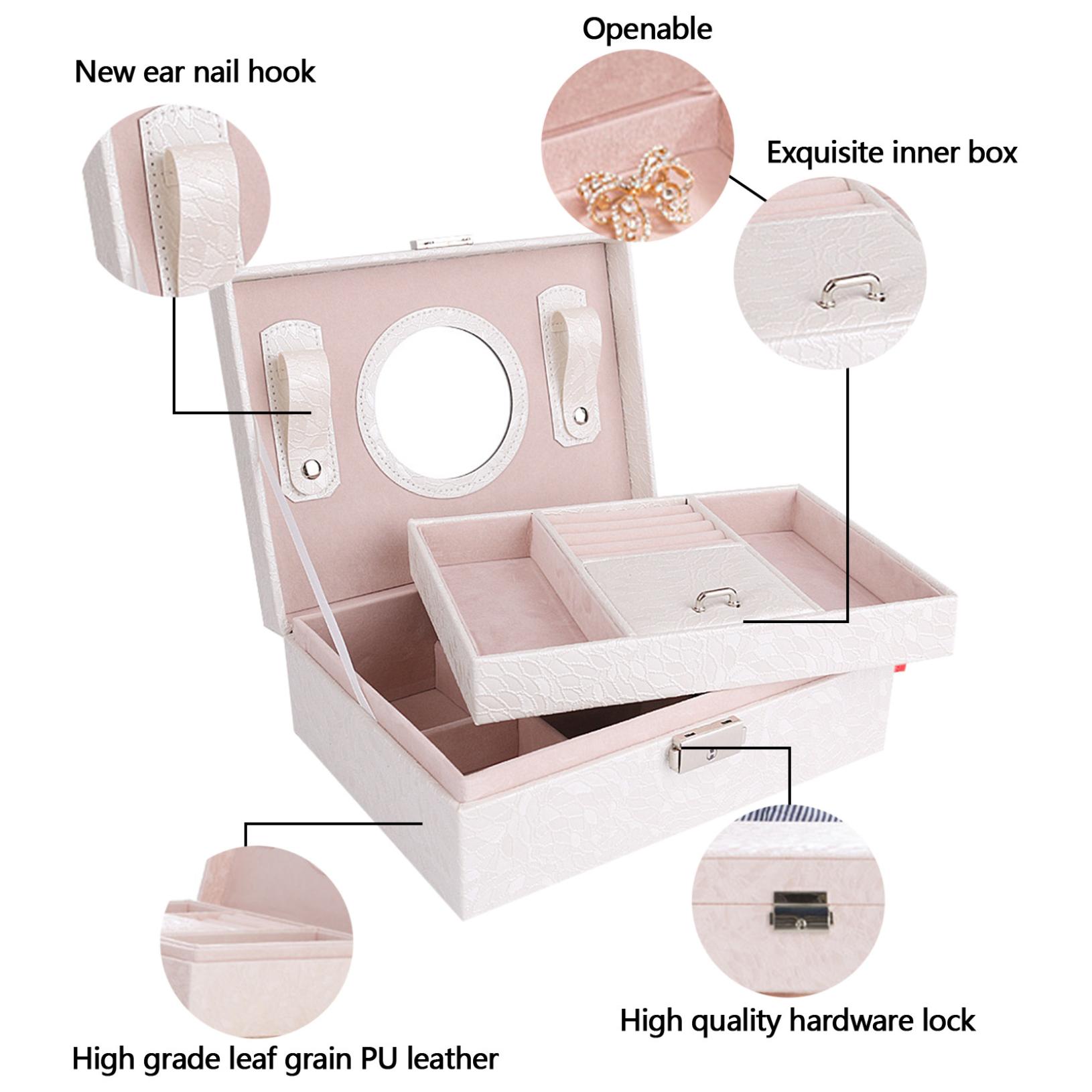 Jewelry Box With Lock And Mirror Jewelry Organizer Storage Case With 2-Layers Display For Earrings Bracelets Rings Watches