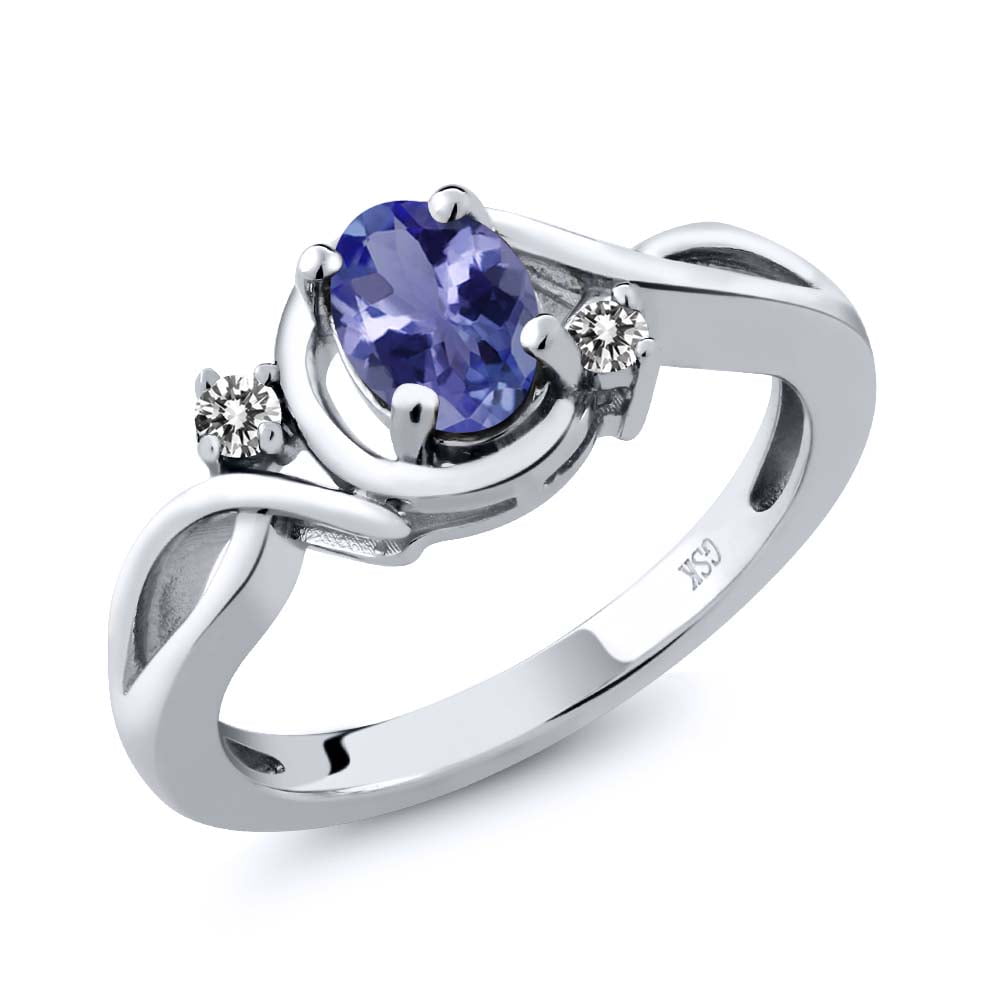 0.82 Ct Oval Blue Tanzanite AAAA White Diamond 925 Sterling Silver Ring by