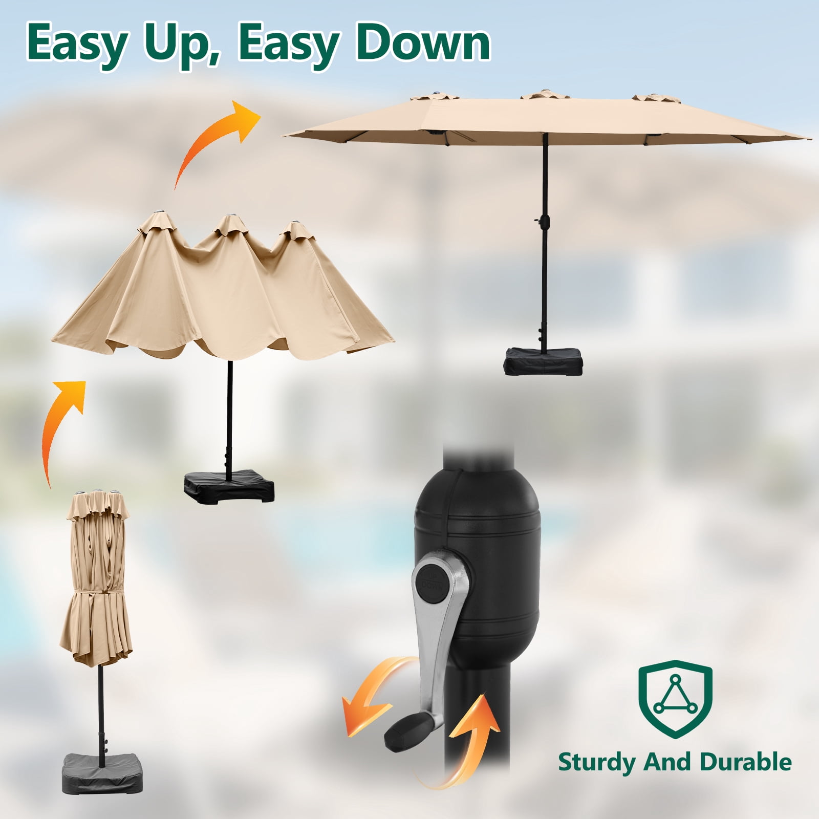WLLJOY 15Ft Patio Umbrella With Base-Mounted, Foldable And Portable Outdoor Sunshade For Backyards, Beaches And Gardens, Khaki