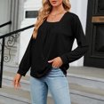 thumbnail image 2 of ATOYSOY Long Sleeve Tees Loose Shirts for Women Trendy Outwear Fall Square Neck Pleated Pullovers Casual Cotton Linen Solid Color Tops Black L, 2 of 4